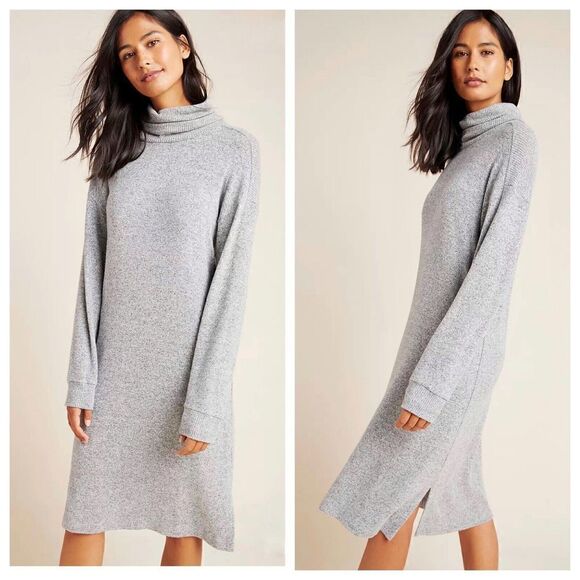 COA Anthro‎ Sweater Dress S Gray Soft Knit Turtleneck Ribbed Cuff Pullover Midi - Picture 1 of 8